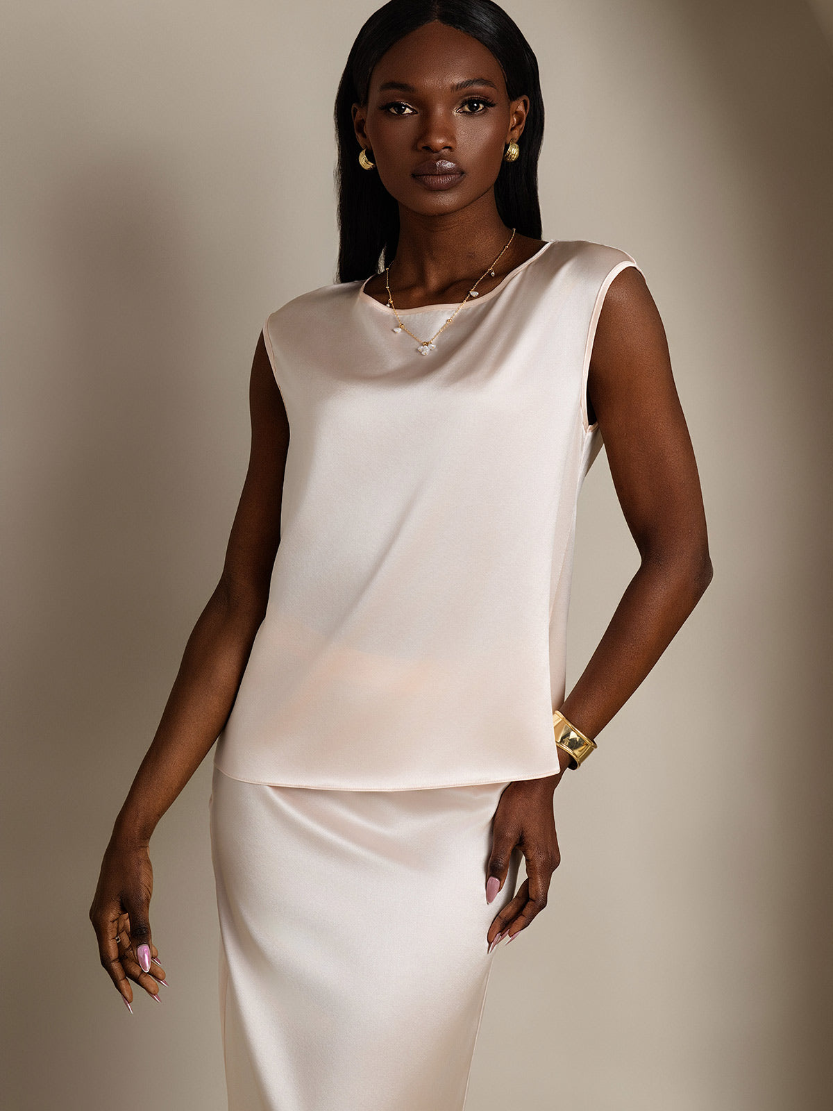 [Rose] SilkSilky-FR 19Momme Soie Col Rond Femme T-Shirt 001