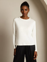 [Blanc] SilkSilky-FR Long Sleeve Crew Neck Femme T-Shirt 003