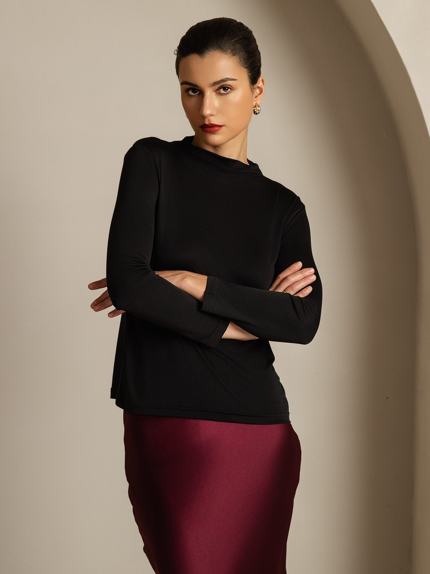 [Noir] SilkSilky-FR Soie Col Haut Femme T-Shirt 003