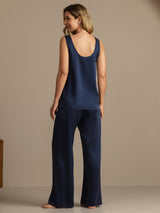 [Bleu Foncé] SilkSilky-FR 19Momme Sans manches Encolure Dégagée Femme Pyjamas 002