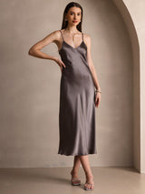 [Kaki Foncé] SilkSilky-FR Sleeveless V Neck Robes 005