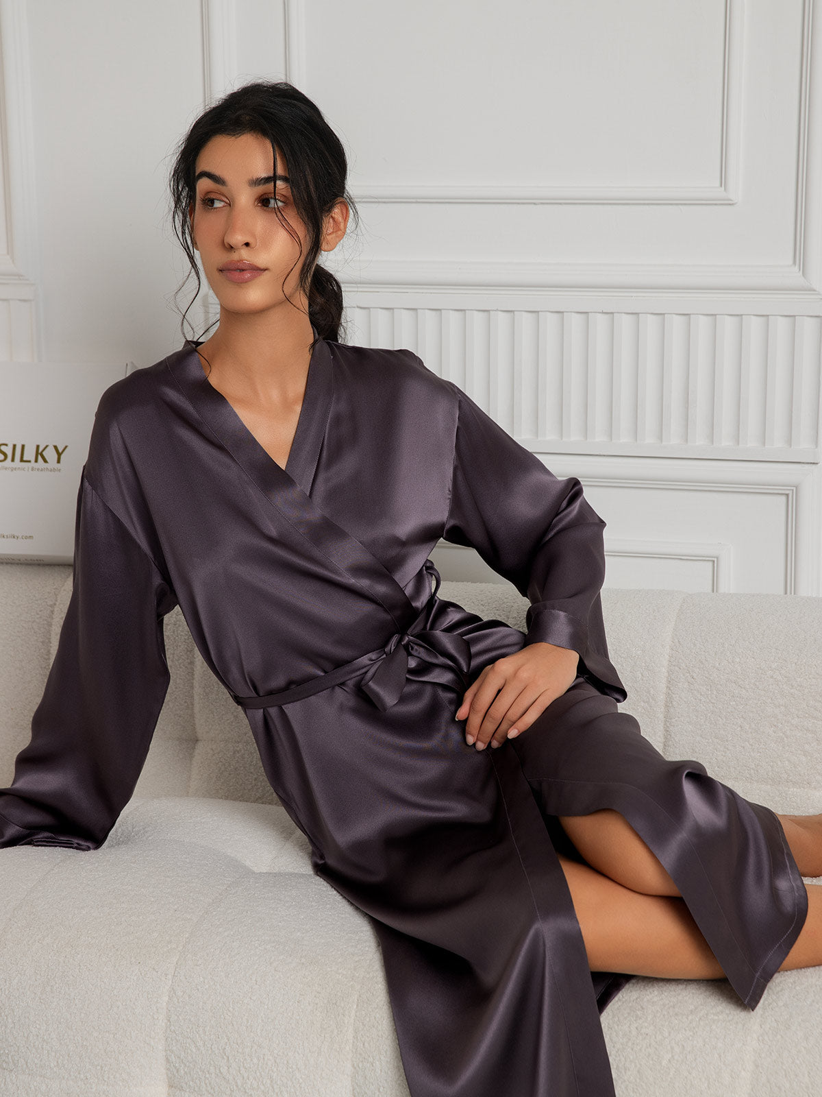 [Gris Pourpre] SilkSilky-FR Pure Soie Womens Robe 005