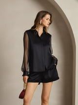 [Noir] SilkSilky-FR Long Sleeve Lapel Collar Femme Chemise 003