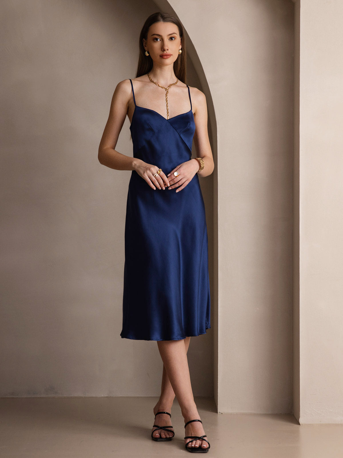 [Bleu Foncé] SilkSilky-FR 19Momme Pure Soie Col en V Robes 005
