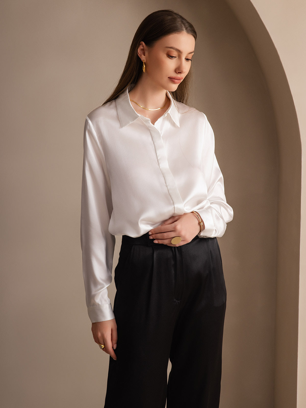 [Blanc] SilkSilky-FR 19Momme Soie Lapel Collar Femme Chemise 006