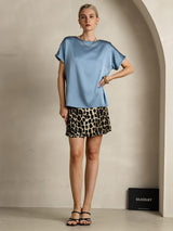 [Bleu Grisâtre] SilkSilky-FR Short Sleeve Boat Neck Femme T-Shirt 006