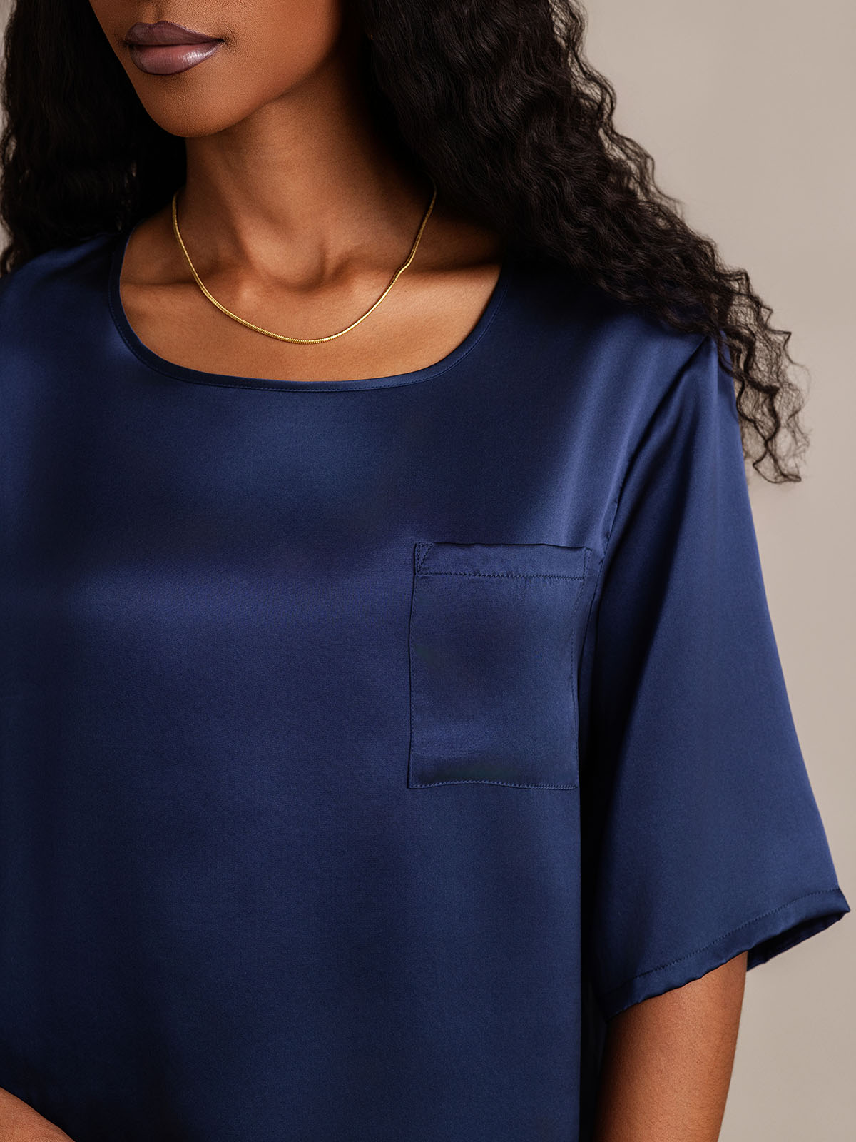 [Bleu Foncé] SilkSilky-FR Pure Soie Col Rond Femme Pyjamas 008