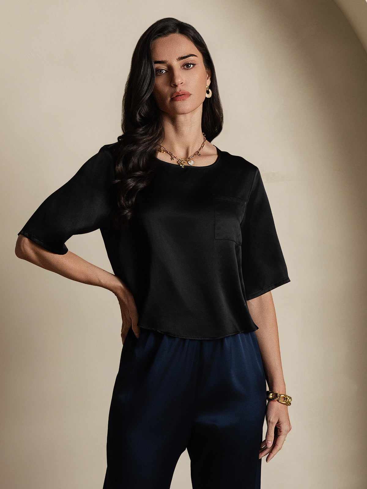 [Noir] SilkSilky-FR Pure Soie Manches mi-longues Col Bateau Femme T-Shirt 001