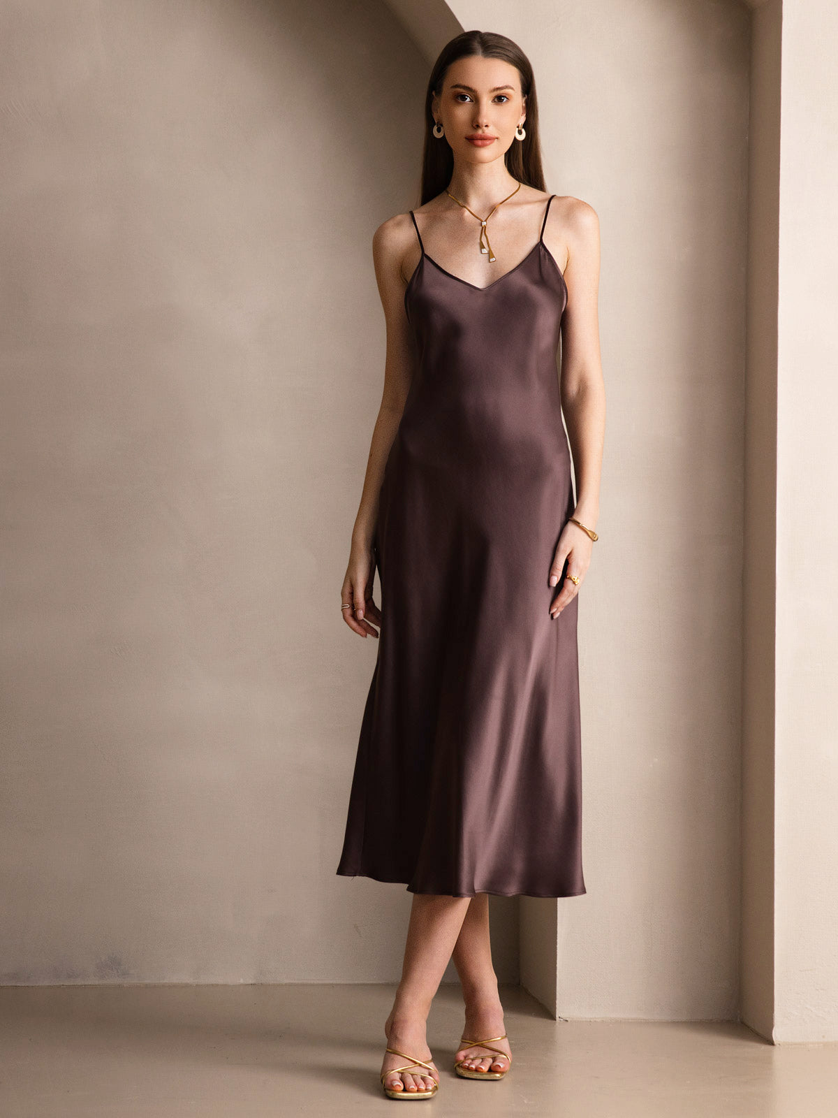 [Café] SilkSilky-FR Pure Soie Col Rond Robes 006