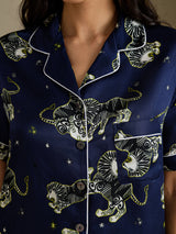 [Lion Bleu Marine] SilkSilky-FR Short Sleeve Notch Collar Femme Pyjamas 005