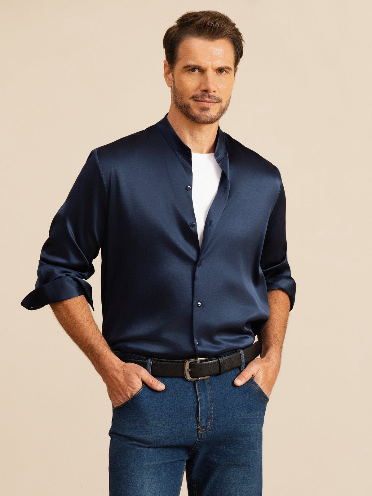 [Bleu Foncé] SilkSilky-FR Long Sleeve Stand Collar Homme Chemise 001