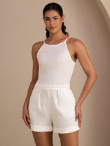[Blanc] SilkSilky-FR Sleeveless Crew Neck Top À Fines Brides 003