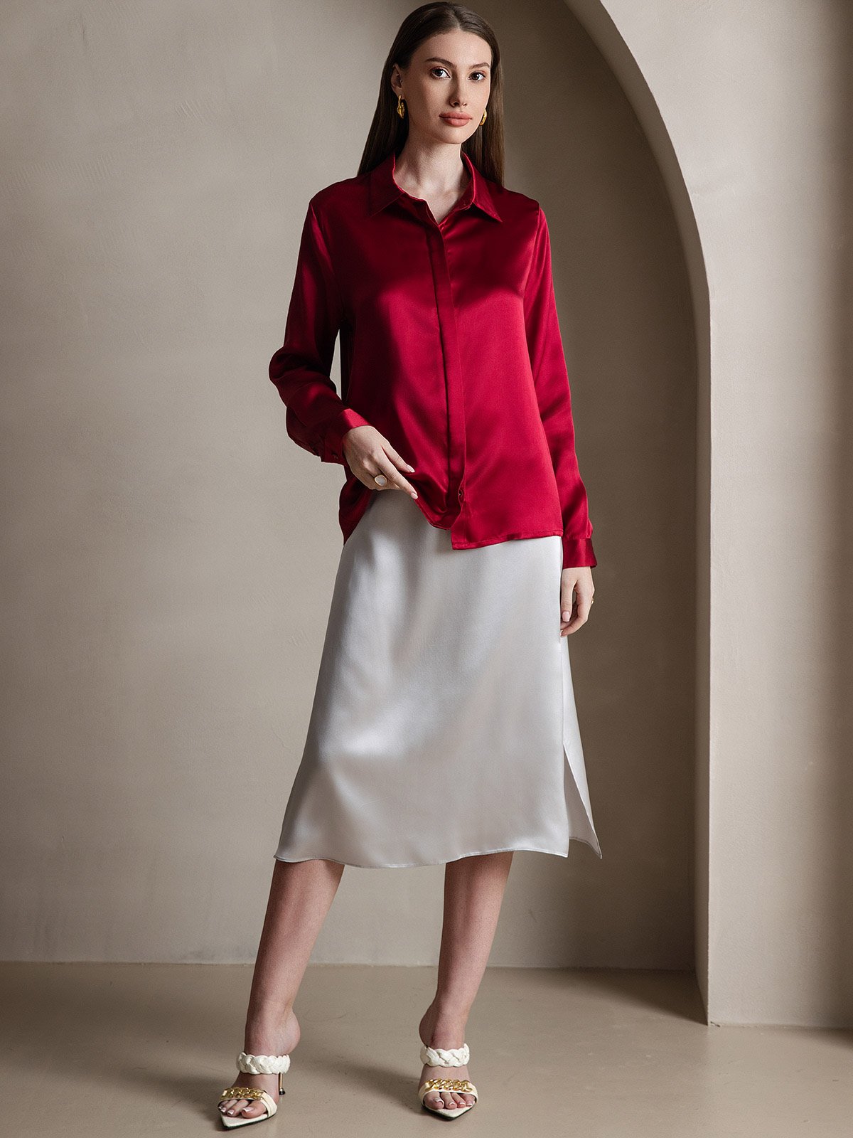 [Rouge Vineux] SilkSilky-FR 19Momme Soie Manches longues Col Chemise Femme Chemise 005