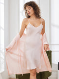 SilkSilky FR Pure Soie Trois quart Nightgown&Robe Set RoseClair 003