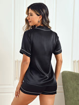[Noir] SilkSilky-FR Short Sleeve Lapel Collar Femme Pyjamas 002