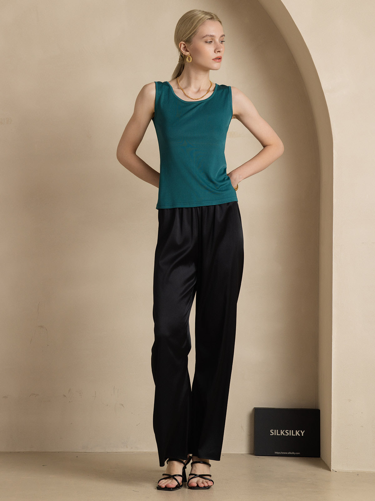 [Vert Foncé] SilkSilky-FR Soie Tricotée Col Rond Femme T-Shirt 007