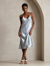[Bleu Grisâtre] SilkSilky-FR Pure Soie Sans manches Col en V Robes 005