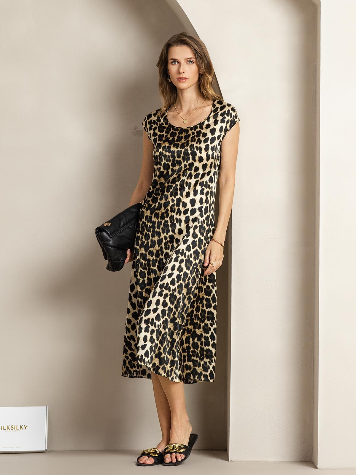 [Leopard] SilkSilky-FR 19Momme Soie Col Rond Robes 005