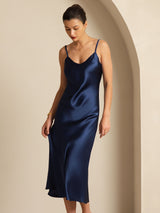 [Bleu Foncé] SilkSilky-FR Sleeveless V Neck Robes 007