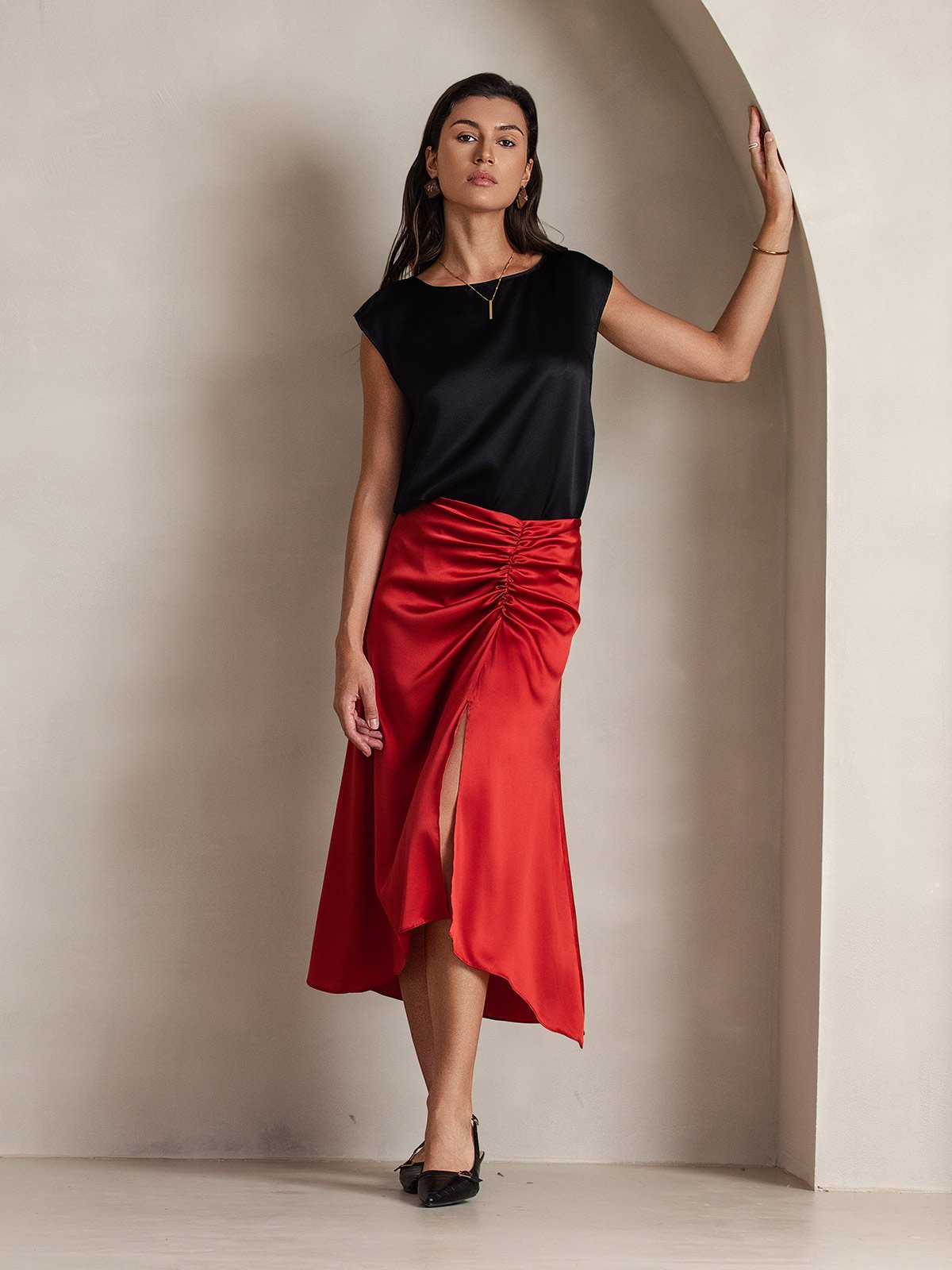[Noir] SilkSilky-FR 19Momme Soie Col Rond Femme T-Shirt 007