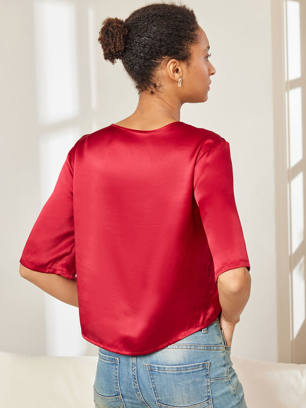 [Rouge Foncé] SilkSilky-FR Pure Soie Manches mi-longues Col Bateau Femme T-Shirt 002