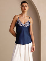 [Bleu Foncé] SilkSilky-FR Sleeveless V Neck Top À Fines Brides 004