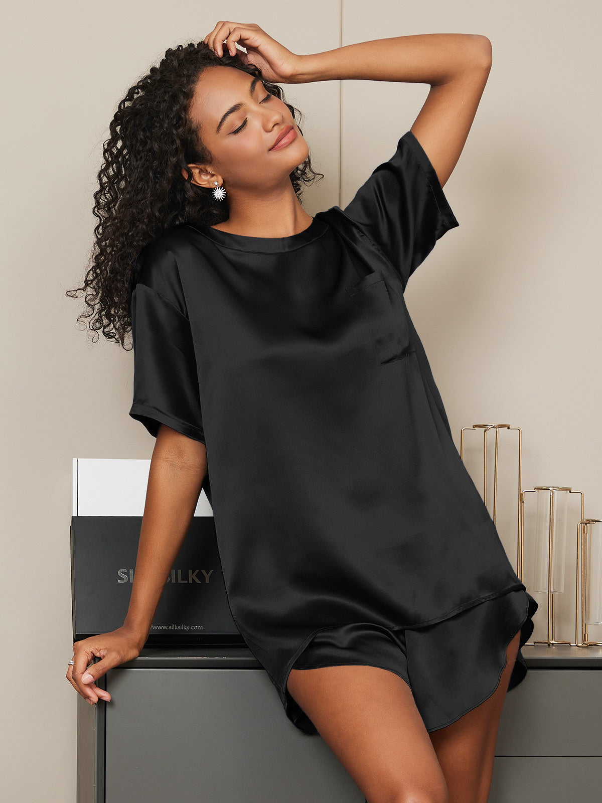 [Noir] SilkSilky-FR Pure Soie Col Rond Femme Pyjamas 002