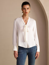 [Blanc] SilkSilky-FR Long Sleeve Tie Neck Blouse 001