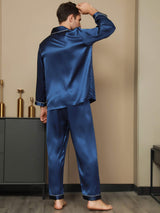 [Bleu Foncé] SilkSilky-FR Pure Soie Manches longues Revers Homme Pyjamas 004