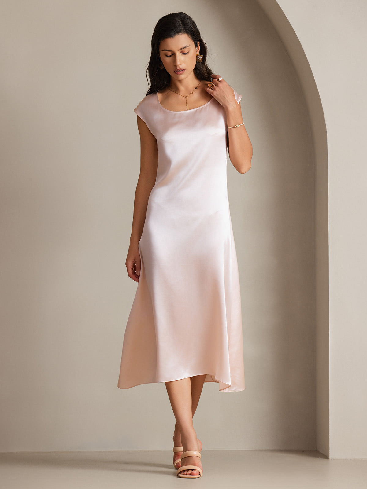 [Rose] SilkSilky-FR 19Momme Soie Col Rond Robes 005