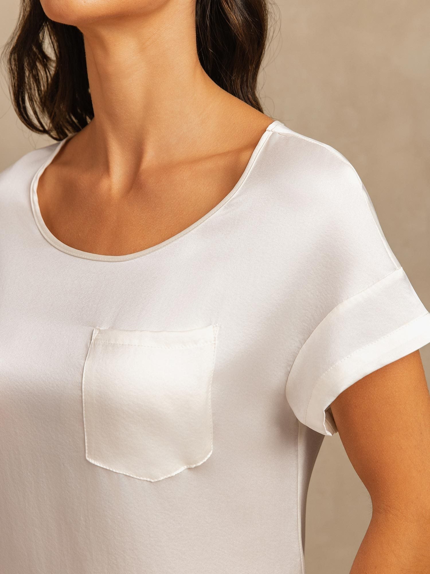 [Blanc] SilkSilky-FR 19Momme Soie Col Rond Chemises de nuit 004