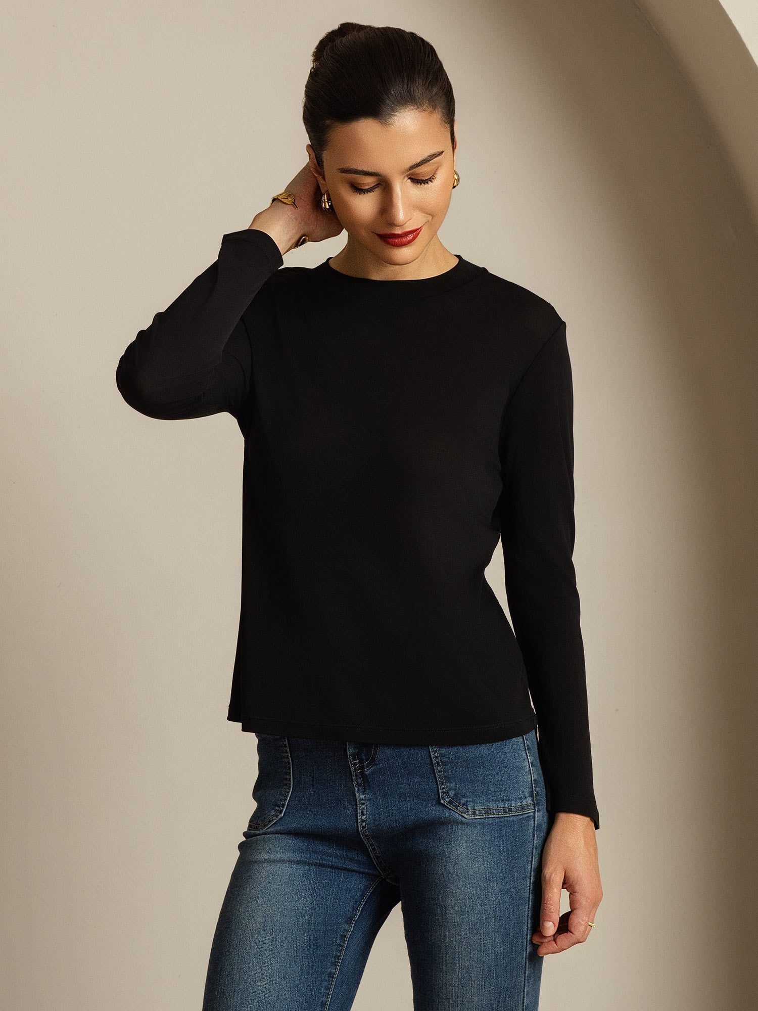 [Noir] SilkSilky-FR Soie Col Rond Femme T-Shirt 006