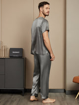 [Gris Foncé] SilkSilky-FR Pure Soie Manches courtes Col Rond Homme Pyjamas 002