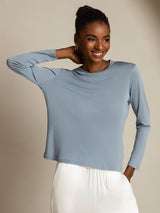 [BleuGrisâtre] SilkSilky-FR Soie Col Rond Femme T-Shirt 001