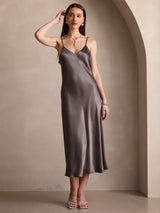 [Kaki Foncé] SilkSilky-FR Sleeveless V Neck Robes 004