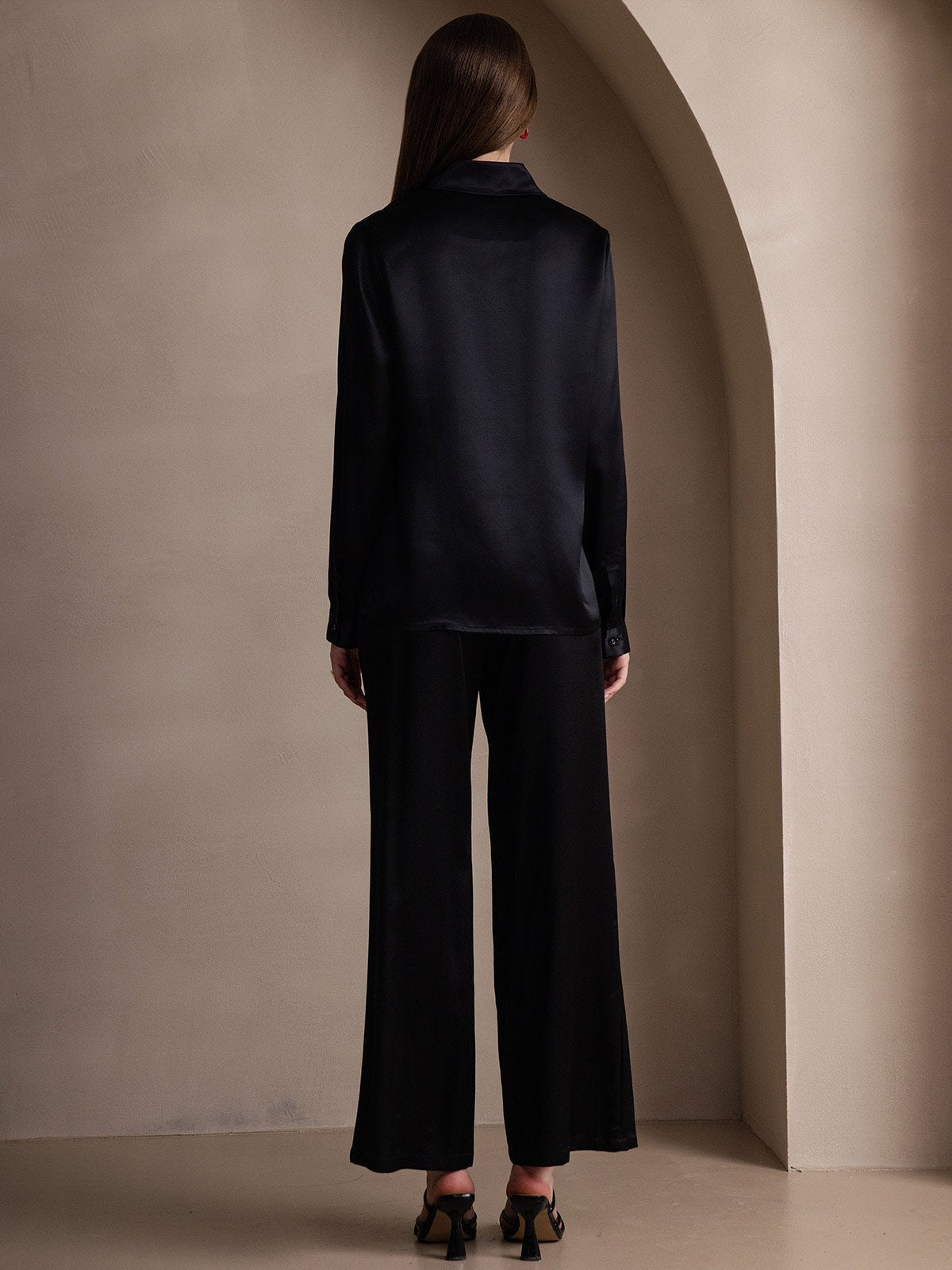 [Noir] SilkSilky-FR 19Momme Soie Manches longues Col Chemise Femme Chemise 002