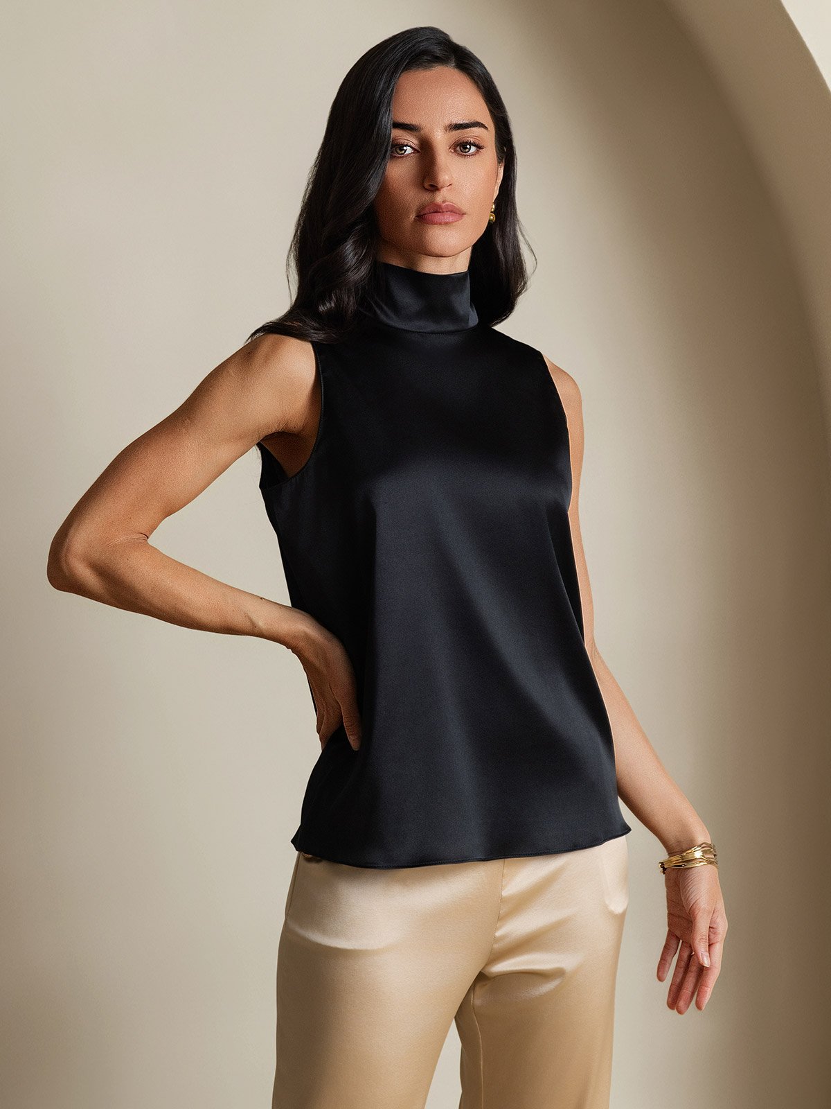 SilkSilky-FR 19Momme Soie Nœud à l'encolure Femme Chemise Noir 006