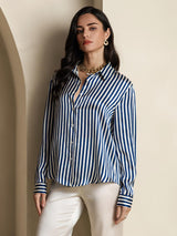 [Rayure Marine] SilkSilky-FR Long Sleeve Lapel Collar Femme Chemise 003