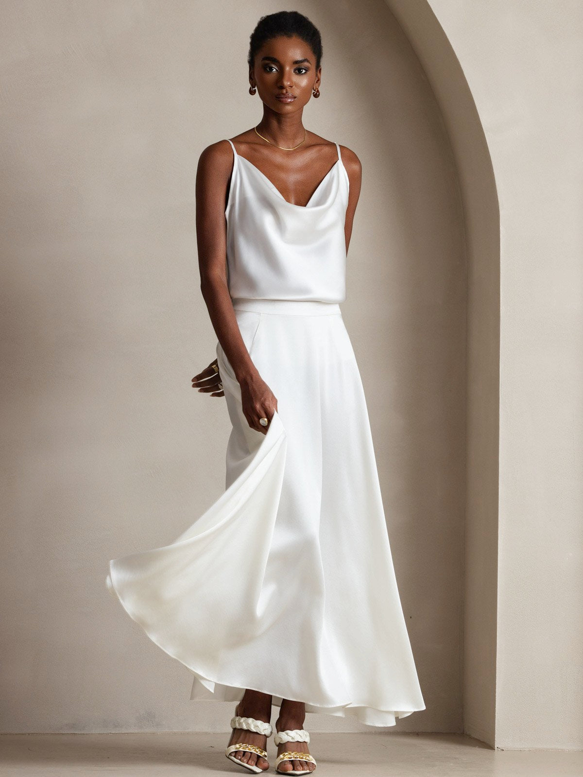 [Blanc] SilkSilky-FR 19Momme Soie Col Bénitier Top À Fines Brides 007