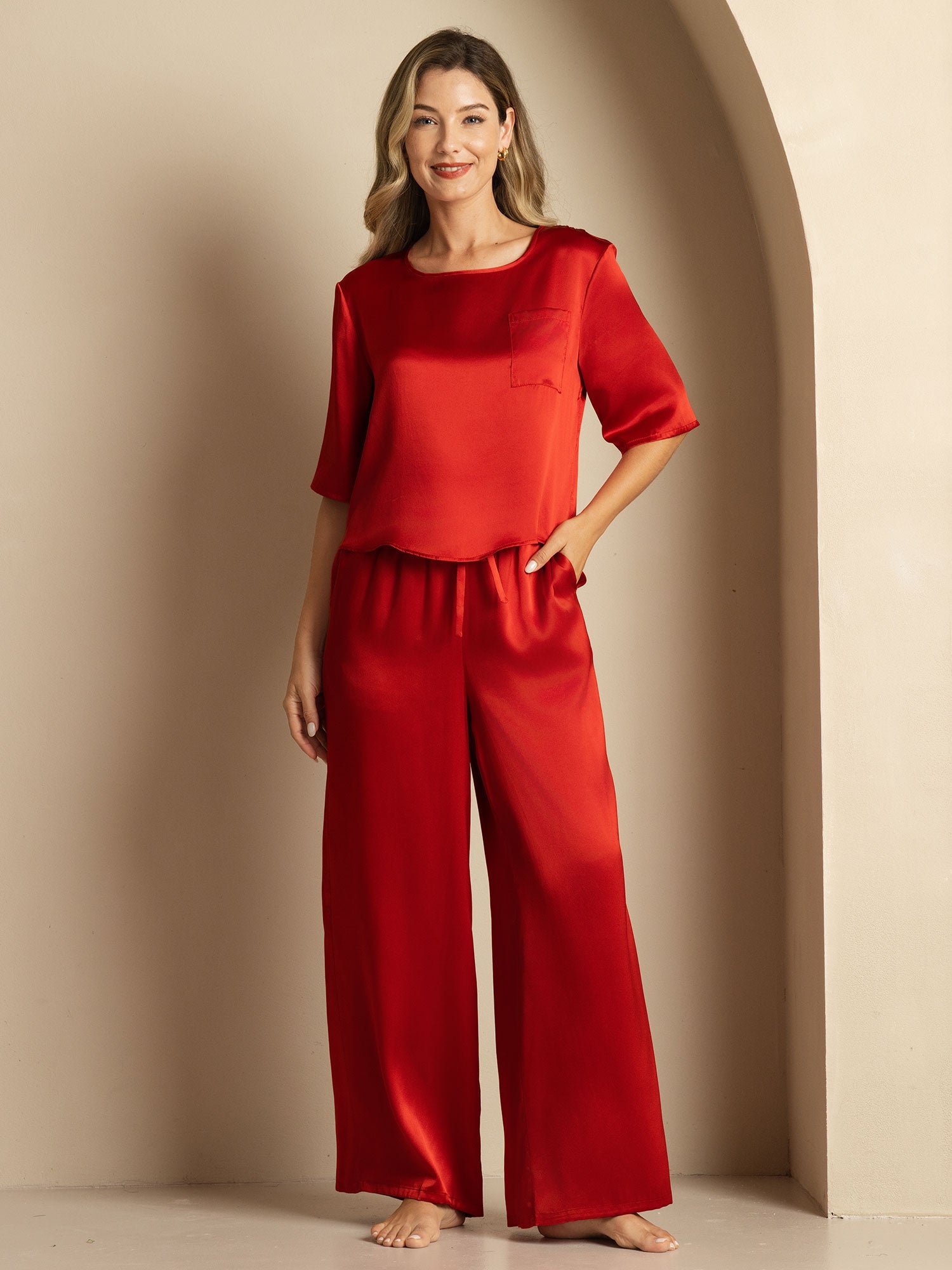 [Rouge Vineux] SilkSilky-FR Pure Soie Col Rond Femme Pyjamas 003