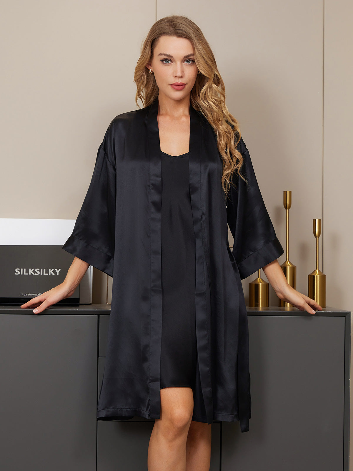 [Noir] SilkSilky-FR Soie Nightgown&Robe Set 005