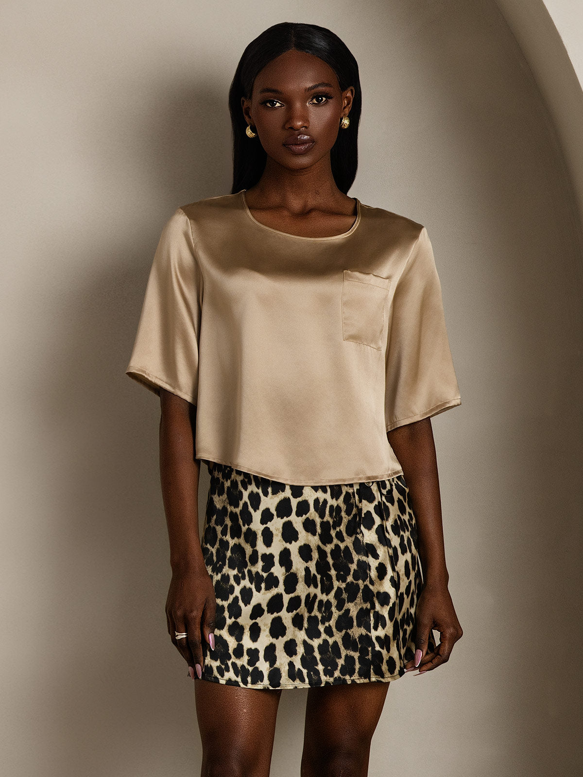 [Champagne] SilkSilky-FR Pure Soie Manches mi-longues Col Bateau Femme T-Shirt 005