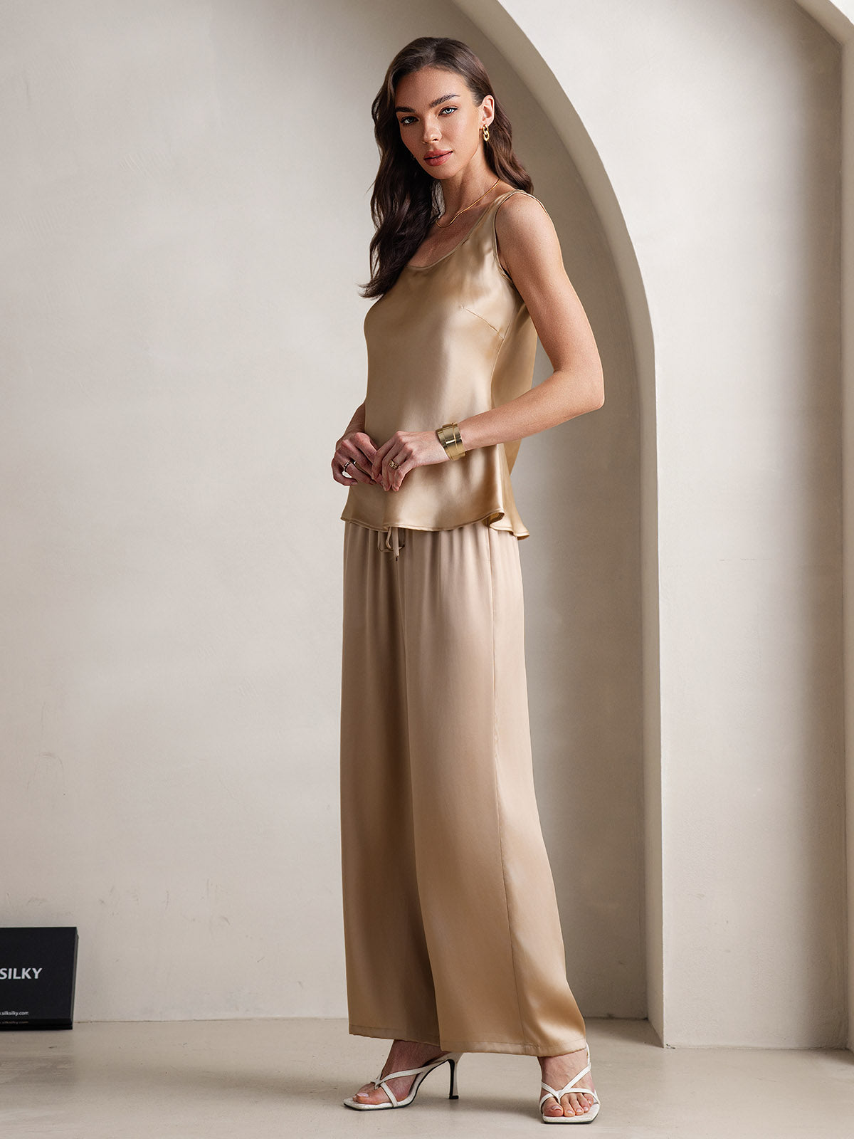 [Champagne] SilkSilky-FR Pure Soie Col Bateau Ensemble Camisole 005