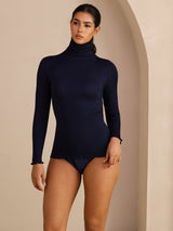 [Bleu Foncé] SilkSilky-FR Long Sleeve Turtle Neck Femme T-Shirt 005