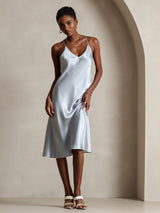 [Bleu Grisâtre] SilkSilky-FR Pure Soie Sans manches Col en V Robes 003