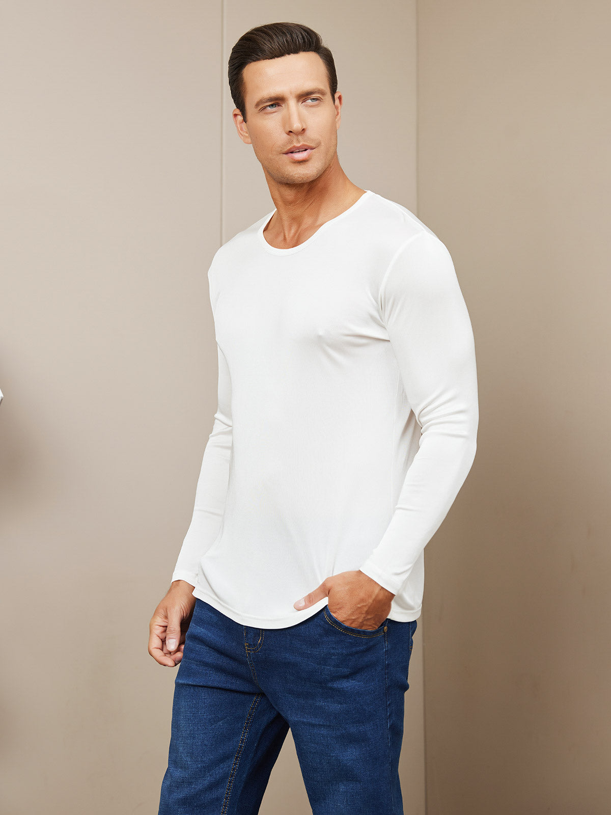 SilkSilky FR Soie Tricotée Manches longues Col Rond Homme T Shirt Blanc 001