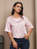 SilkSilky FR Pure Soie Manches mi longues Col Bateau Femme T Shirt Rose 001