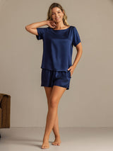 [Bleu Foncé] SilkSilky-FR 19Momme Manches courtes Col Rond Femme Pyjamas 006