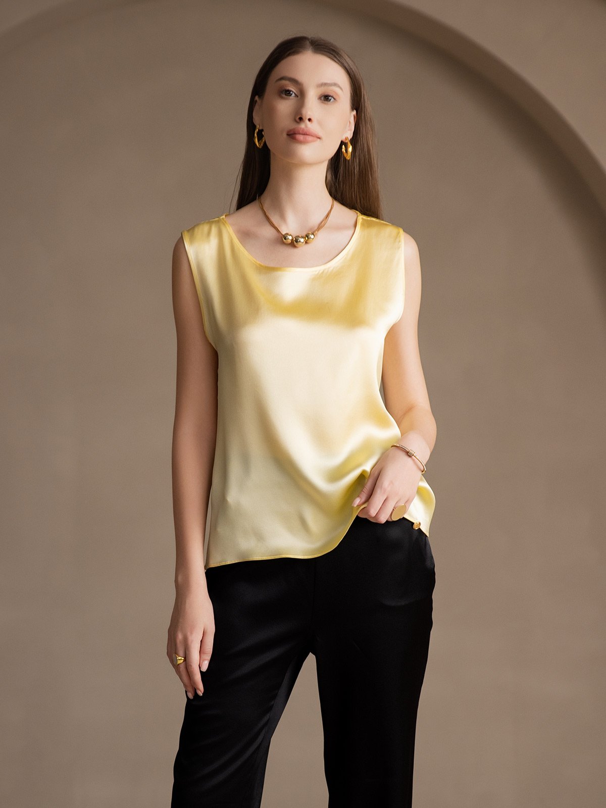 [Jaune Clair] SilkSilky-FR 19Momme Soie Col Rond Top À Fines Brides 001