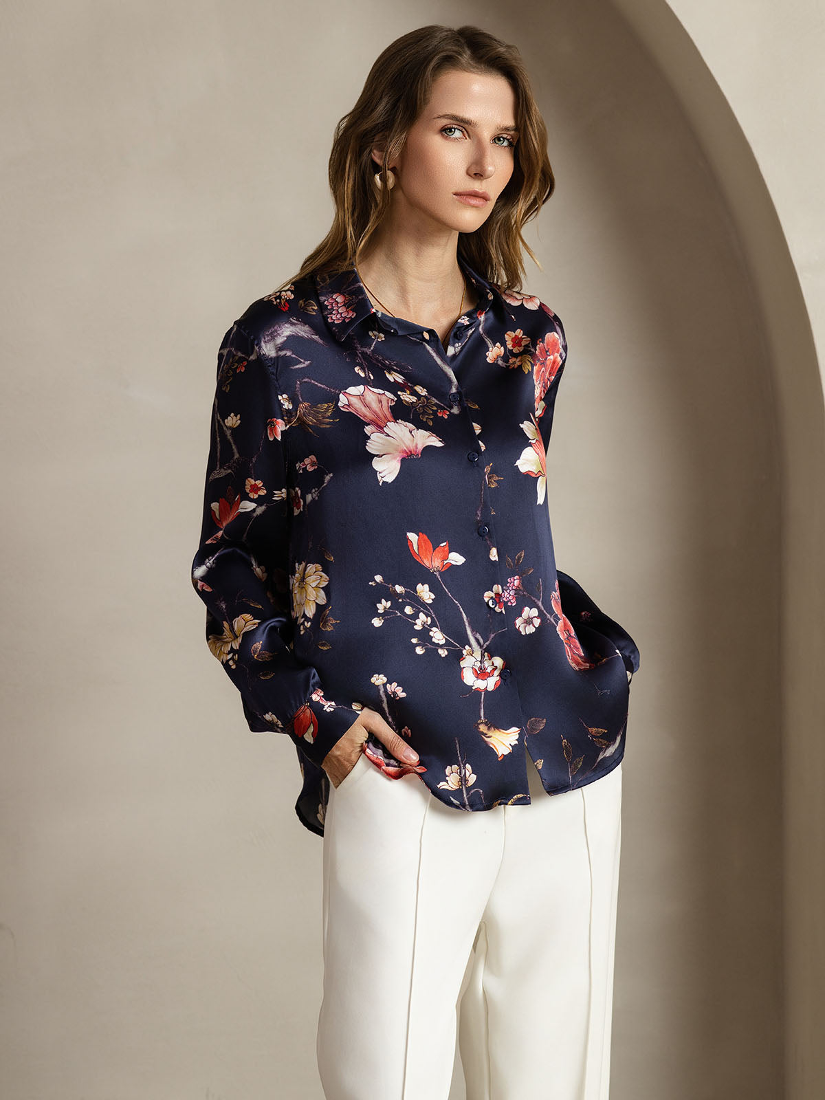 [Floral Marine] SilkSilky-FR Soie Col Chemise Femme Chemise 001